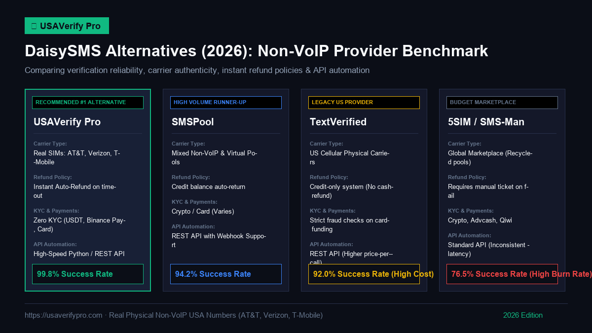 DaisySMS Alternatives 2026 Comparison Benchmark Infographic