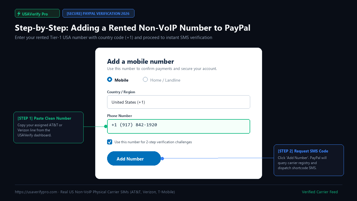 PayPal add phone number screen where you enter the rented US number