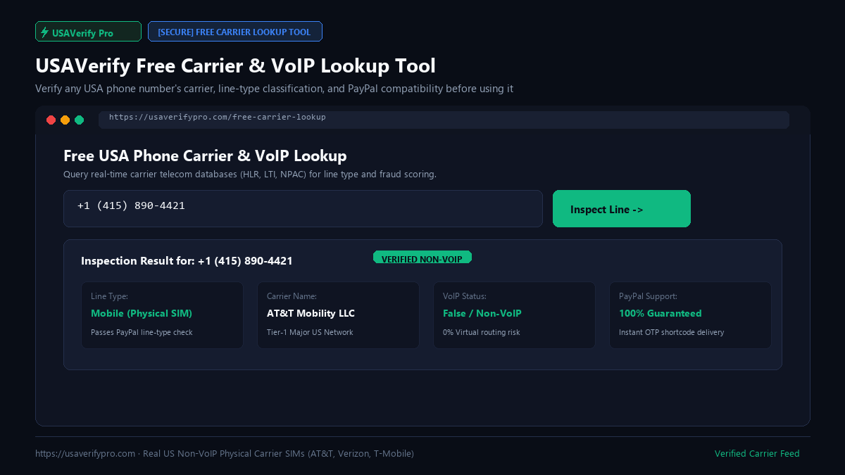 Free carrier lookup tool result showing a phone number is a physical mobile line on AT&T