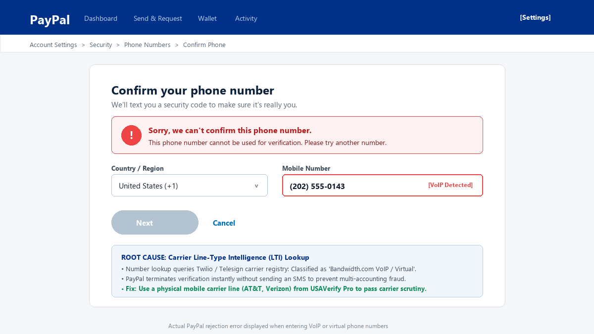 PayPal error message: sorry we cannot confirm this phone number during verification