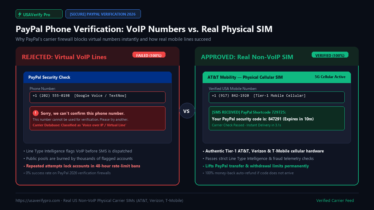 PayPal phone verification failure vs successful verification with a real US non-VoIP SIM card