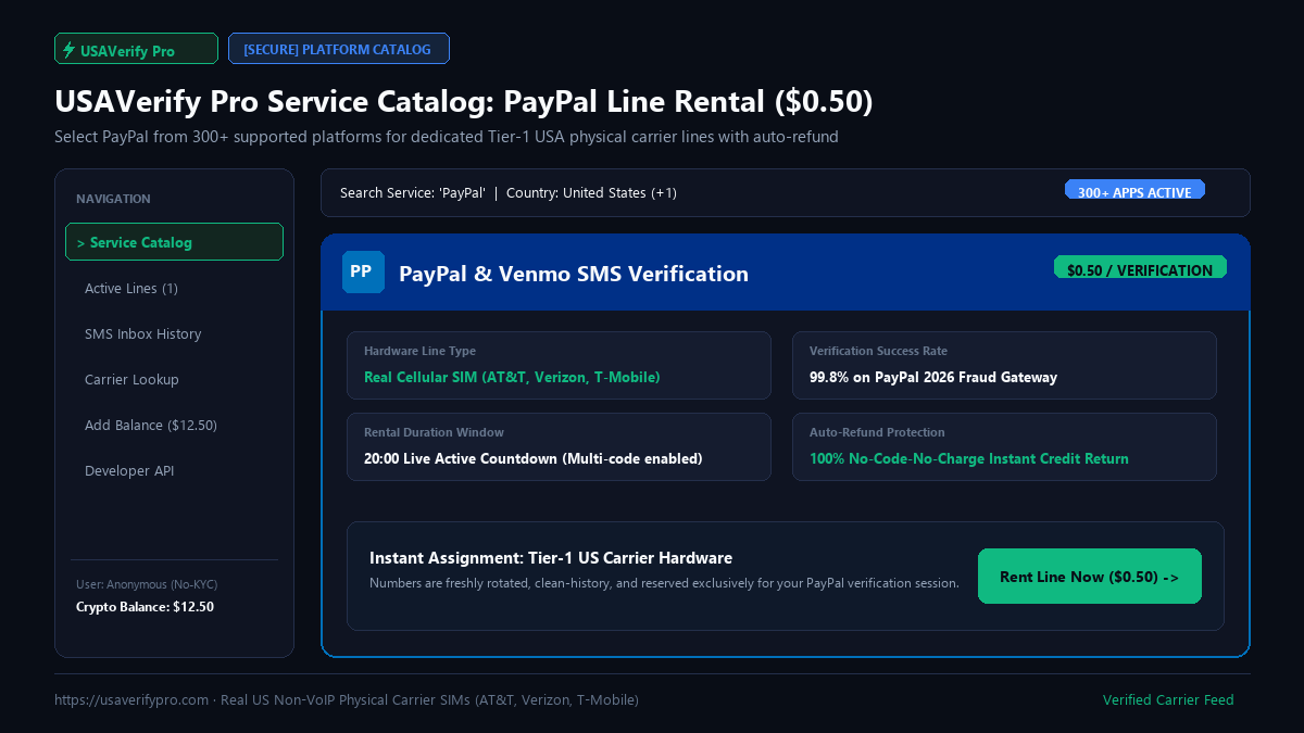 Rental dashboard showing PayPal verification available for 0.50 dollars on a real US carrier line