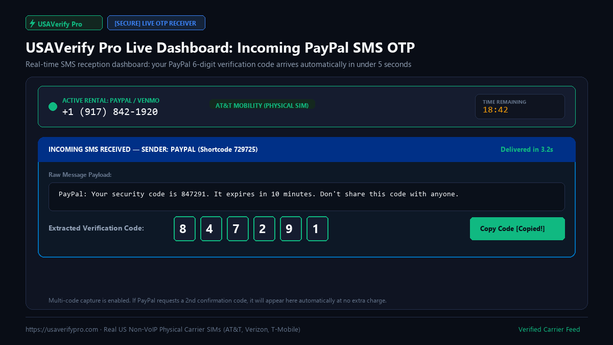 SMS dashboard showing PayPal verification code 847291 received on a non-VoIP US number